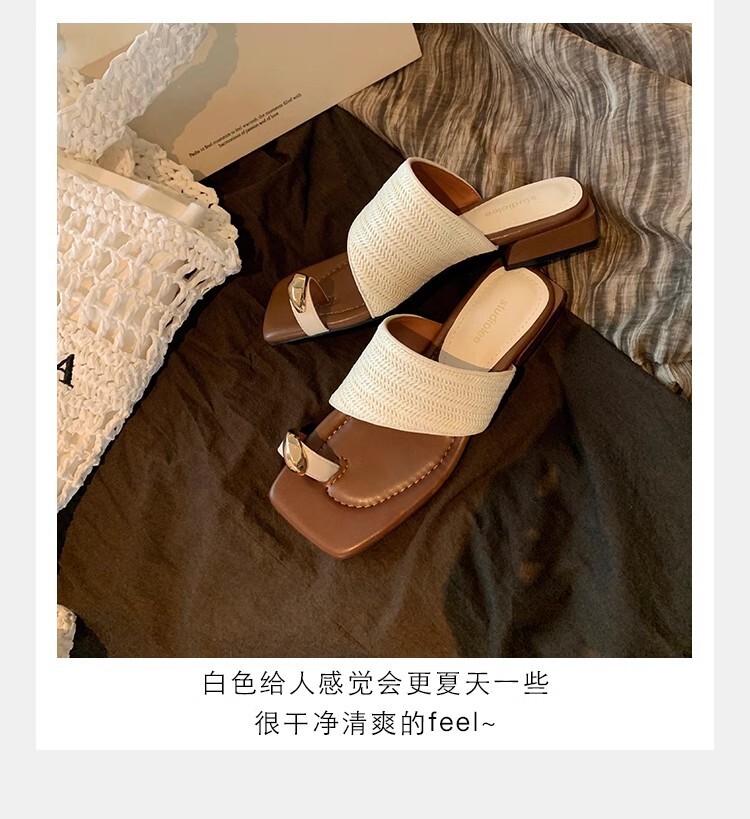 Grape Mom S Vacation Style Metal Clip On Foot Temperament Square Grass Woven Set Toe Cool Slippers For Women In Summer OUTDOOR