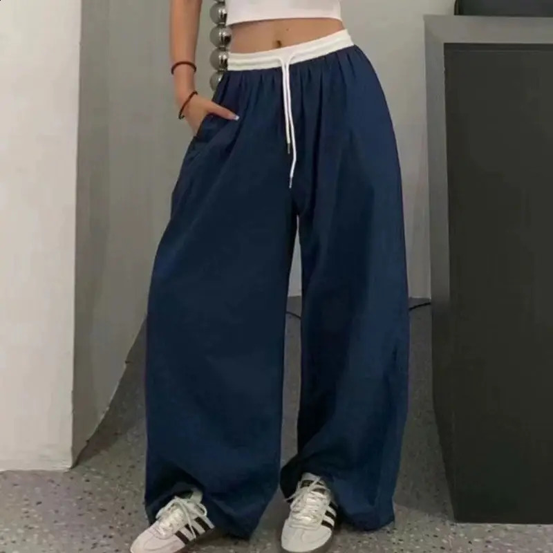 QWEEK Y2k Vintage Oversized Womans Sweatpants Baggy Korean Fashion Casual Pants Wide Blue Thin Trousers America Retro Patchwork 240820