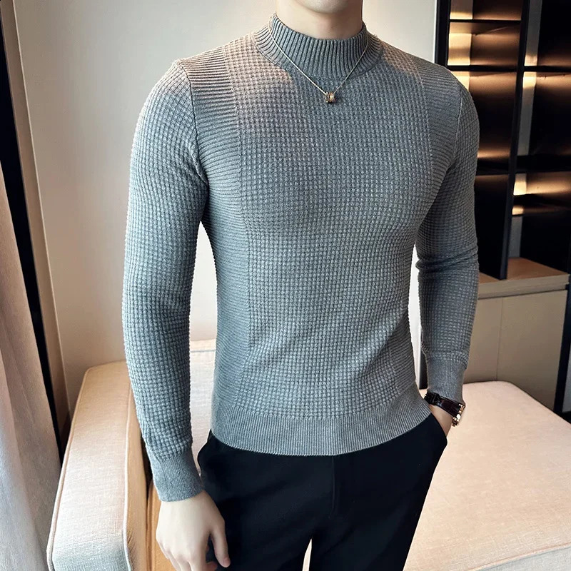 3 Color Men British Style Fall Winter Slim Dark Pattern Half High Neck Pure Color Knit Pullovers Mens Slim-fit Sweater Base 240821