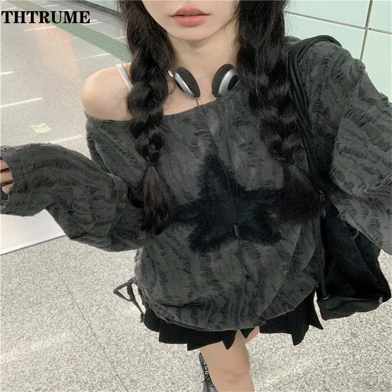 Y2K womens high street sweater fashionable slim shoulders streetwear jumper casual retro star print latte art 240821