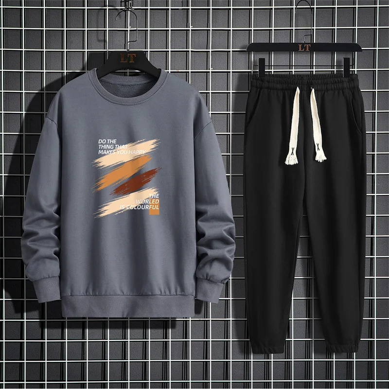 Spring/Summer Mens Casual Set American Round Neck Long Sleeve Loose Sweatshirt Two Piece Casual Sweatpants Set 240827