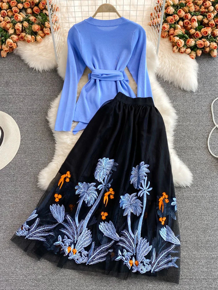 XFPV Sweet Casual Two Piece Set For Women Mesh Embroidery Bow Patchwork High Waist A-line Skirts Suit Autumn SN3392 240820