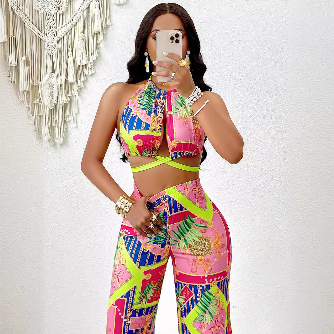 Spring Womens Printed Set Fashion Casual Wear Beauty Prints Shirt Pants Set Beach On The Vacation