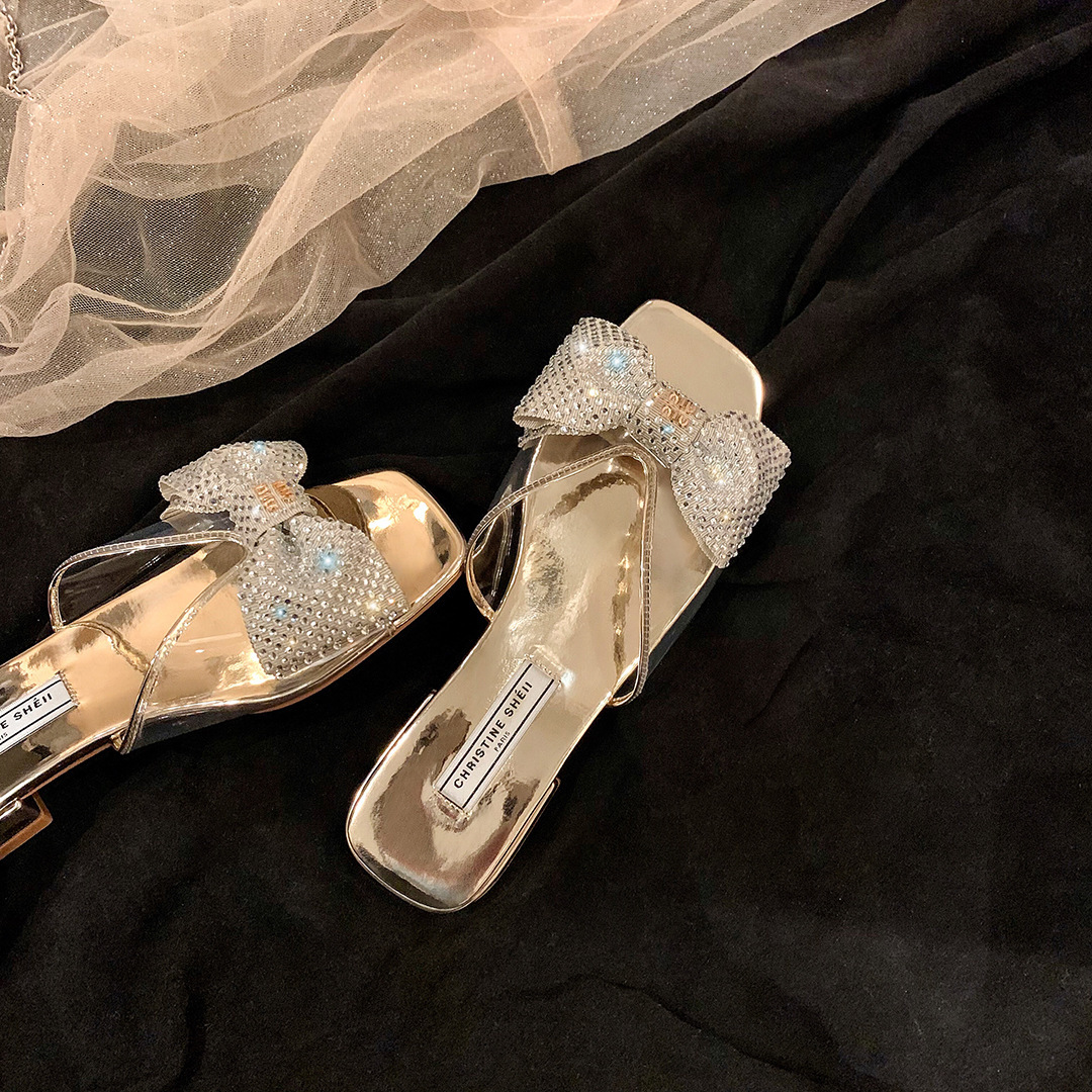 Ddmysports Su Yinyin S Same Style Fairy Min Square Ead Transparent PVC Water Diamond Butterfly Bow Flat Slippers For Women Coolers Summer OUTDOOR