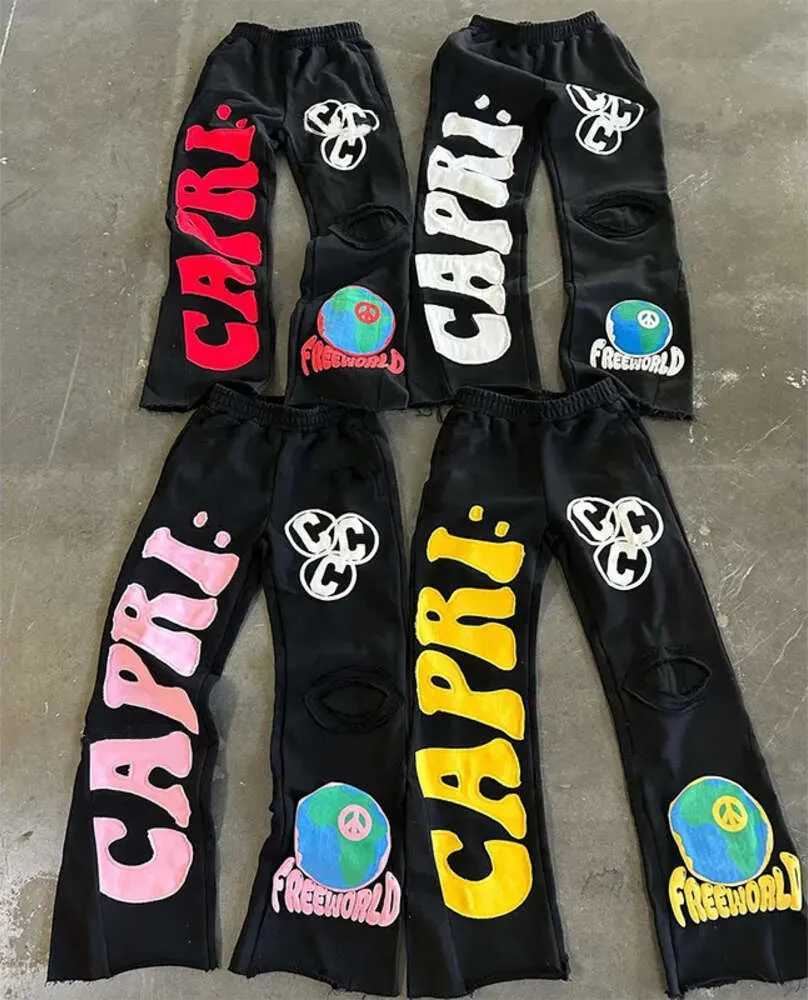 Project Capri Flared pants Sweatpants Men Casual trumpet splicing mens and womens sports pants Drawstring Joggers Sweat Pants Black Color women y2k Tr