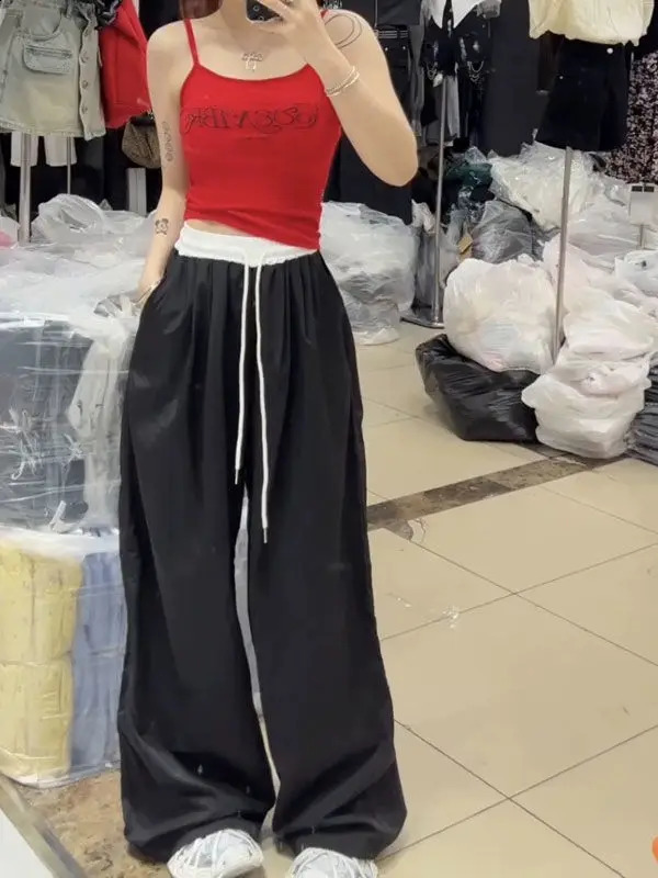 QWEEK Y2k Vintage Oversized Womans Sweatpants Baggy Korean Fashion Casual Pants Wide Blue Thin Trousers America Retro Patchwork 240820