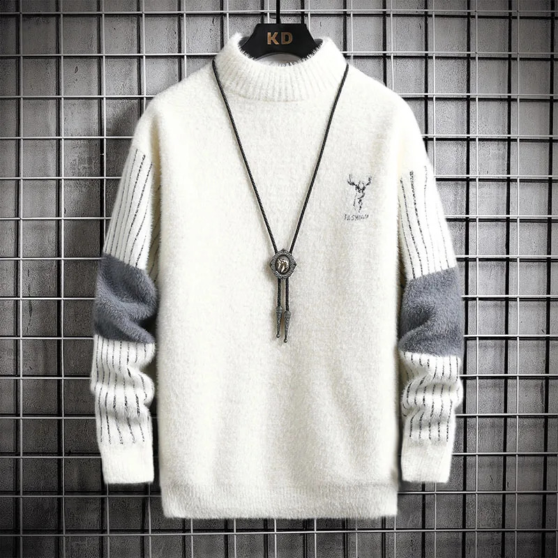 Mens Autumn Winter Mock Neck Pullover Men Fashion Casual Slim Cashmere Print Knitted Sweater High Quality Street Warm Sweatshirt 240821