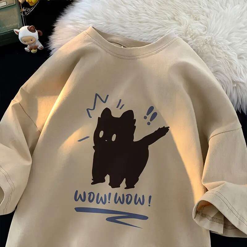 Summer 2024 Casual Retro Kitten Print Short Sleeved American Street Men and Women Loose Trend Graphic T-shirt Haruku