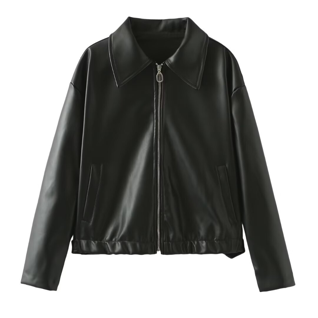23218 lapel zipper American casual leather jacket, women's coat