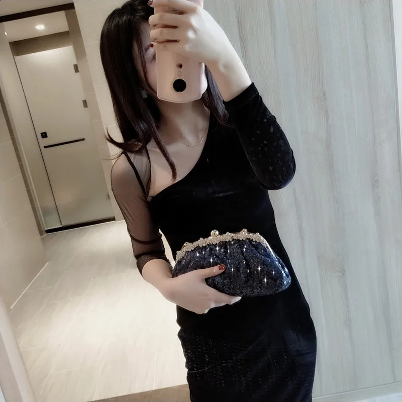 DHXJ Dark Blue Bag Women Bling Sequin Purses and Handbag Dias Womens Wallet Chain Shoulder Female Party Clutch 240820