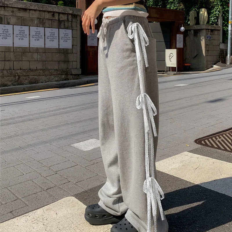 Darlingaga Casual Korean Fashion Autumn Sweatpants Women Lace Spliced TieUp Bow Straight Sweet Trousers Pants Prepyy Style 240821
