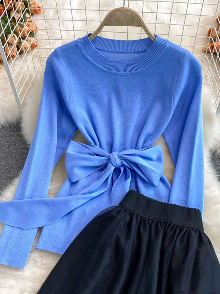 XFPV Sweet Casual Two Piece Set For Women Mesh Embroidery Bow Patchwork High Waist A-line Skirts Suit Autumn SN3392 240820