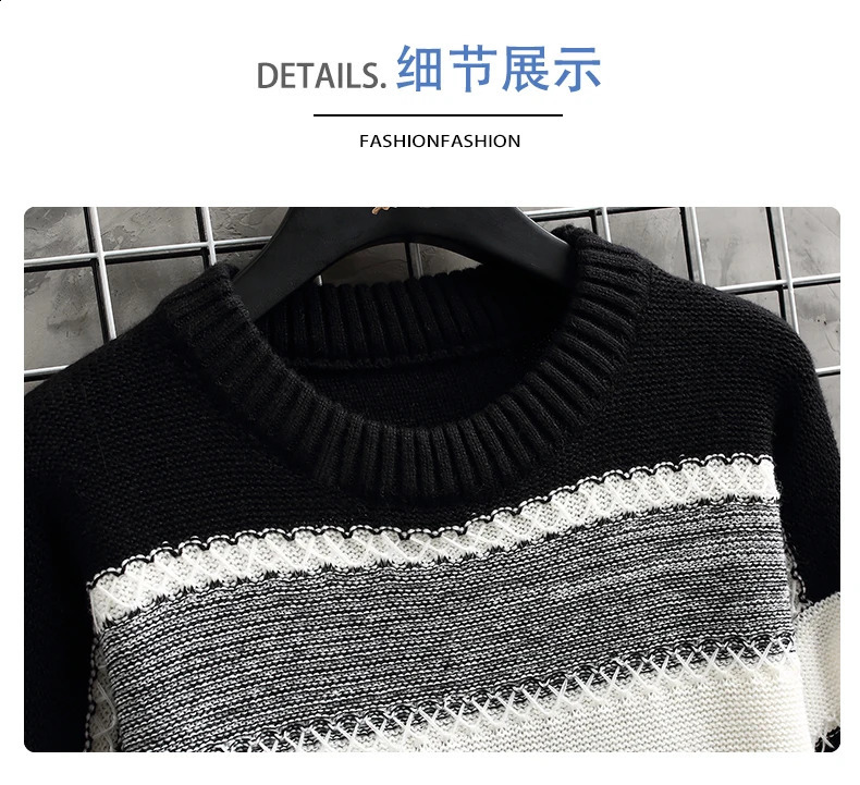 Mens Autumn Winter Pullover Mens Fashion Korean Casual Loose Striped Thicken Knitted Sweater Street Outdoor Warm Sweatshirt 240821