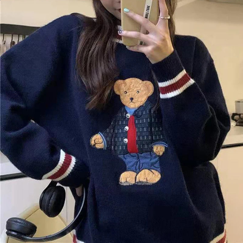 Harajuku Cartoon Bear Embroidery Knitted Pullover Autumn Winter Women Oversize Sweater Casual Thick Warm Sweet Kawaii Jumpers 240820