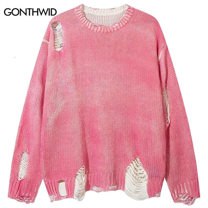 Vintage Sweater Y2K Grunge Ripped Holes Knitted Solid Plain Jumpers Streetwear Men Hip Hop Punk Gothic Long Sleeve Sweaters Pink 240821
