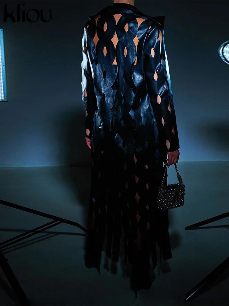 kliou Leather Hollow Out Jacket Autumn Full Sleeve Lapel Tassel Long Coats Solid AllMatched Unique Lady Trend Streetwear 240820