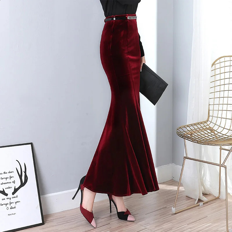 Autumn Vintage Velvet Black Long Mermaid Skirt Fashion Women Elegant Velour Skirts With Belt DQ1279 240820