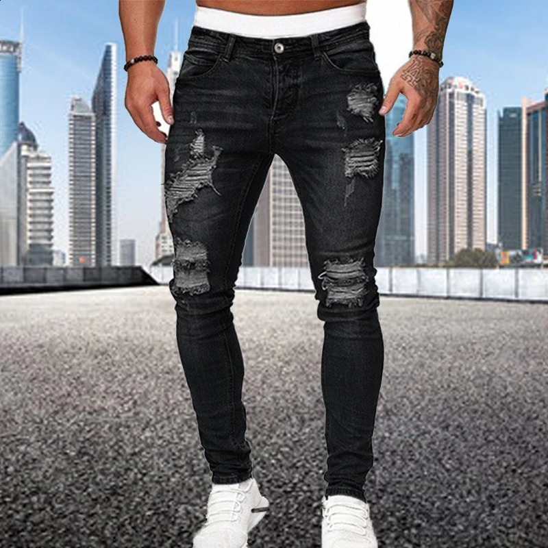 Street Casual Black Denim Pencil Summertime Cargo pants Vintage washing Ripped skinny jeans Jeans Spring and autumn men slim 240821
