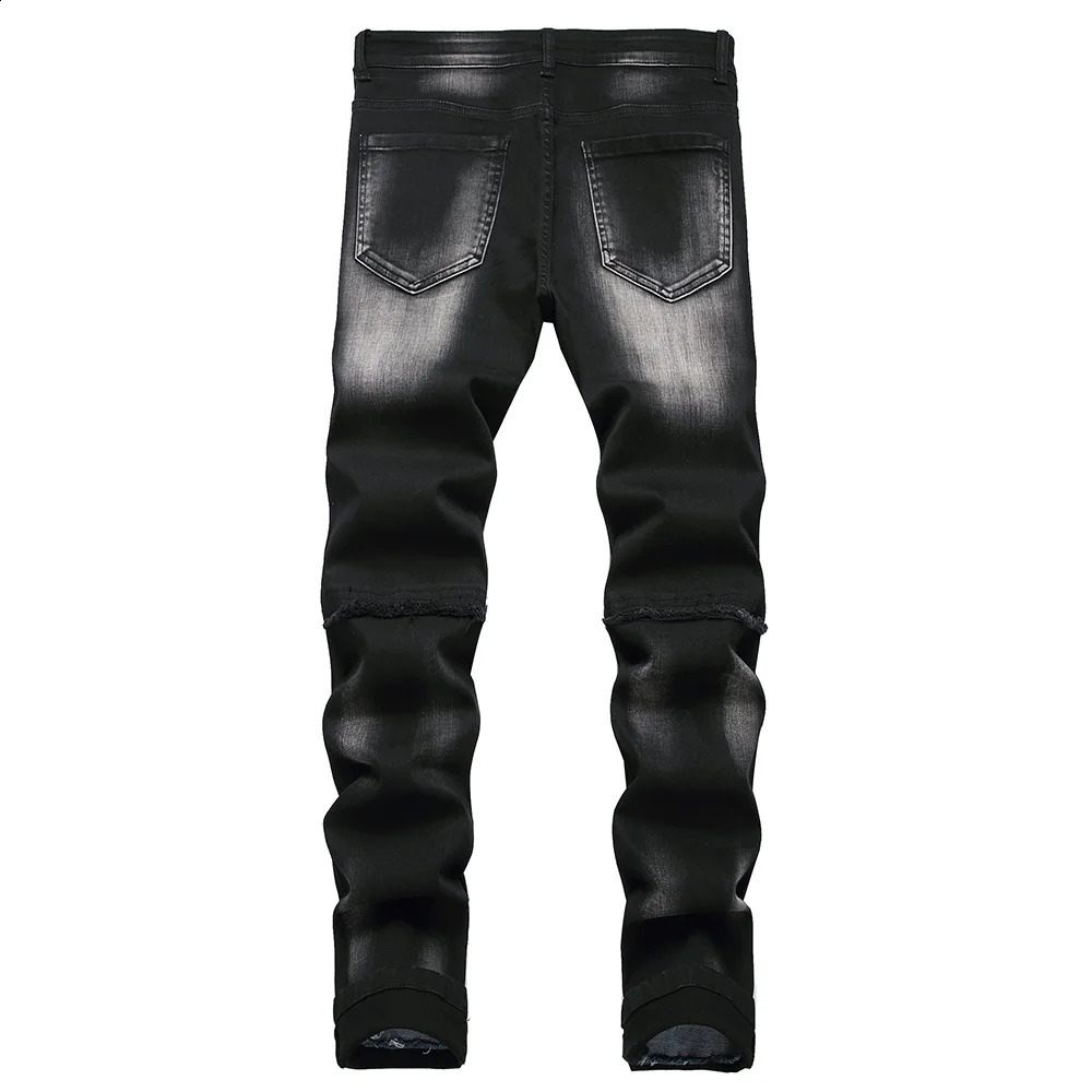Men Patch Patchwork Stretch Denim Jeans Streetwear Ripped Slim Straight Pants Fringe Distressed Trousers Black Blue 240821