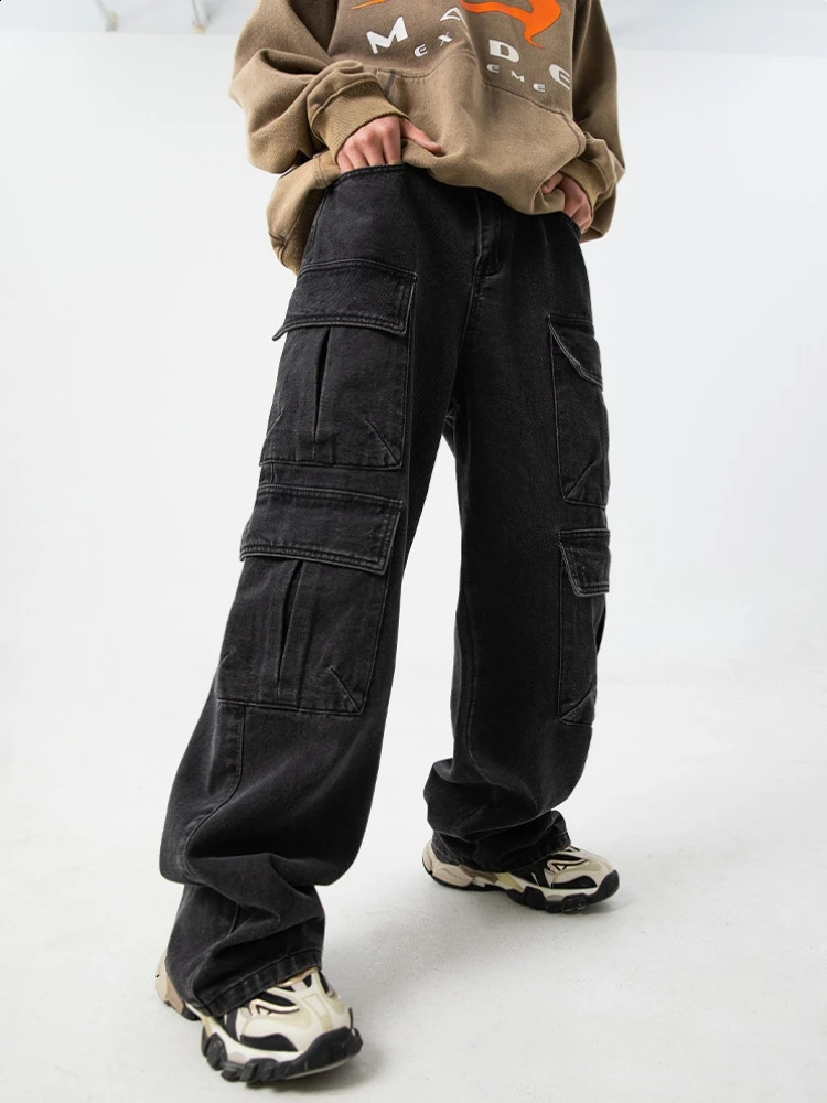 Autumn Cottom Men Cargo Jeans Baggy American High Street Multi-pocket Youth Overalls Fashion Streetwear Vintage Wide Leg Pants 240821
