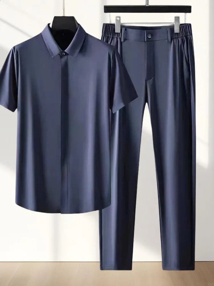 Summer Ice Silk Sportswear Mens Casual Relaxing Comfortable Breathable High Quality Plus Two Piece Set 240827