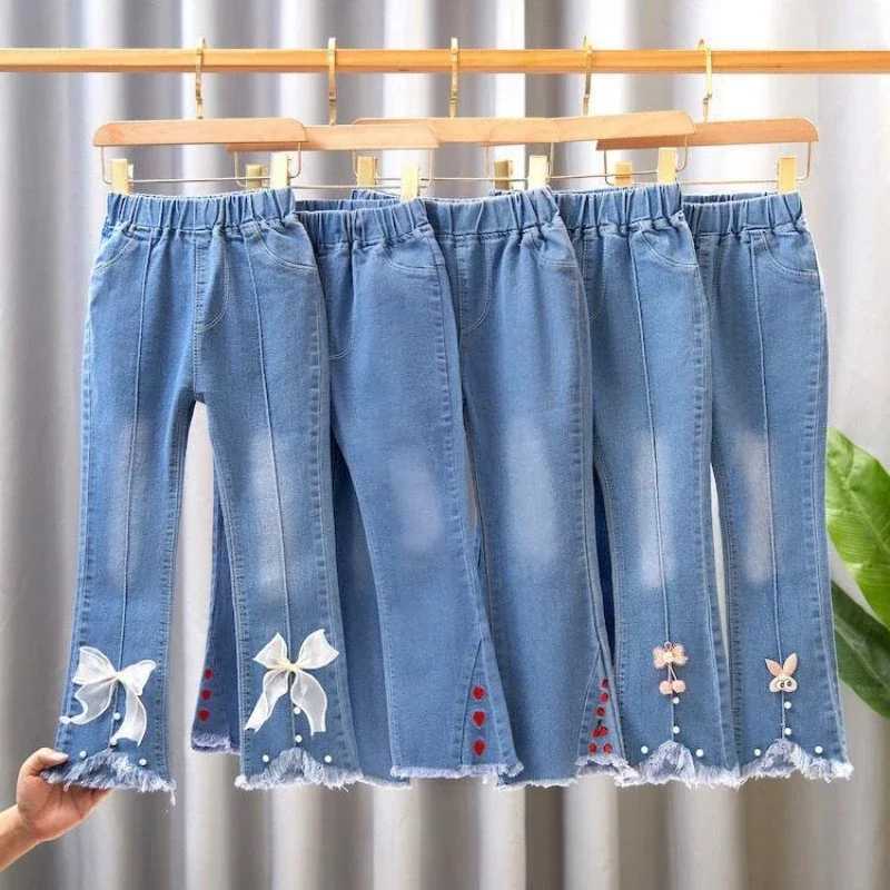 Baby girl jeans casual Trouser childrens flower bow bell bottom jeans autumn spring sparkling jeans childrens pants 4-10 yearsW240819