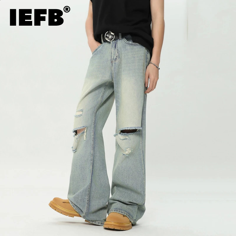 IEFB High Street Mens Jeans Straight Loose Hole Worn-out Men Denim Pants Summer Trendy Male Trousers Women 9C6631 240821