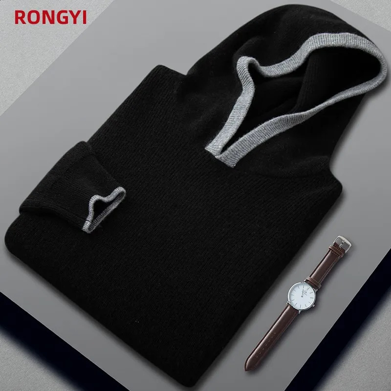 RONGYI 100% Pure Goat Cashmere Mens Sweater Pullover Autumn And Winter Thickened Keep Warm Casual Hooded Knitted Loose Top 240821