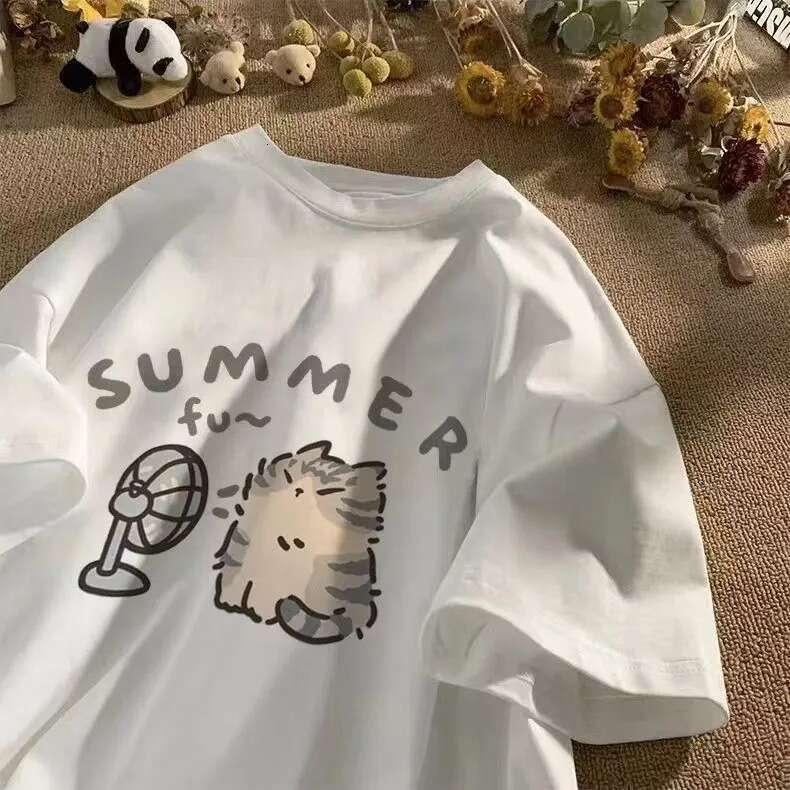 Cat Fan and Women Pure Cotton T-shirt for Men American Street Creative Blow Summer Relaxed Short Sleeve Couple Wear INS Top