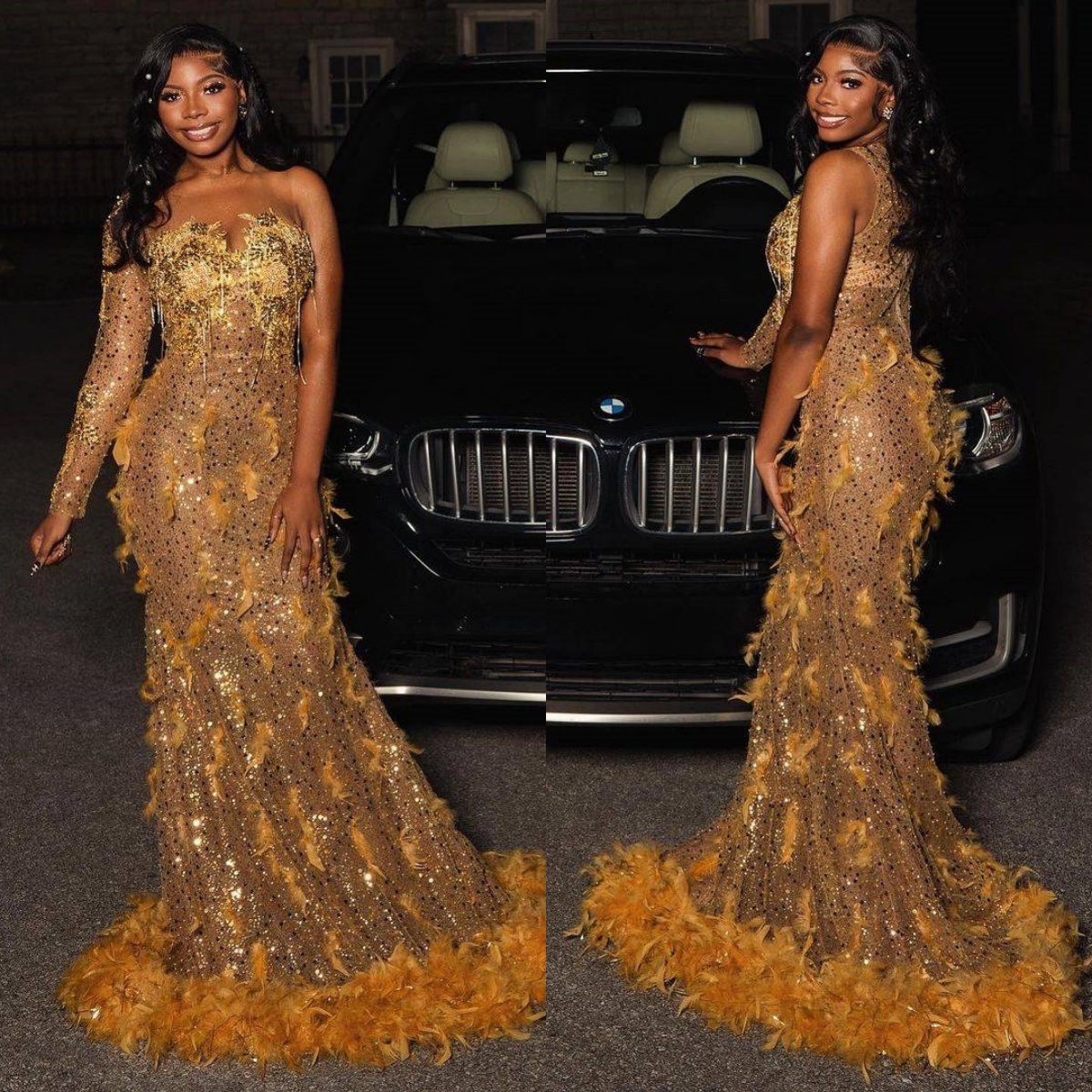 Sexy Prom Dress Luxury Shine Feather Evening Dress Floor-Length Sequins Bridal Gown Custom Made Long Sleeve Plus Size Customized vestido de novia L241