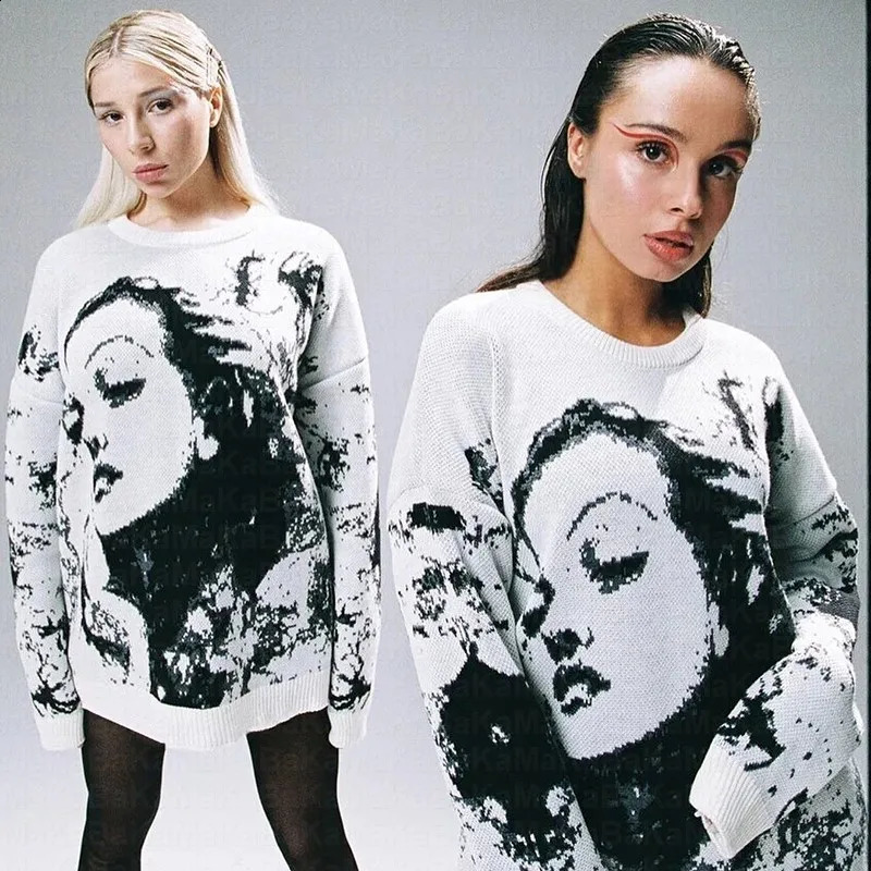 Womens Knitting Cute Anime Print Pattern O Neck Pullover Sweater Streetwear Girls Oversized Harajuku Knitwear Womens Y2k 240821
