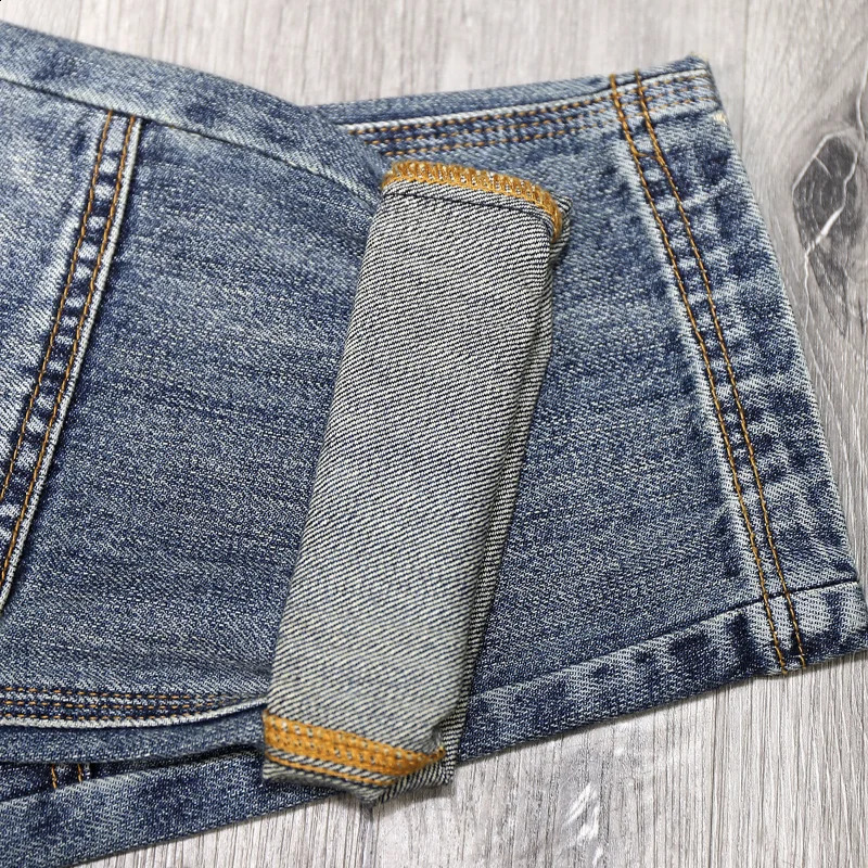 American Vintage Cargo Stitching Jeans Mens Slim Elastic Fashion Washed Dilapidated Y2k Trousers Male Streetwear Denim Pants 240821