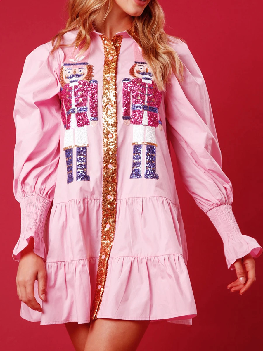 Women Sequin Christmas Nutcracker Shirt Dress Holiday Party Santa Sweatshirt Dresses Long Sleeve Tiered Mini Sundress for Prom 240821