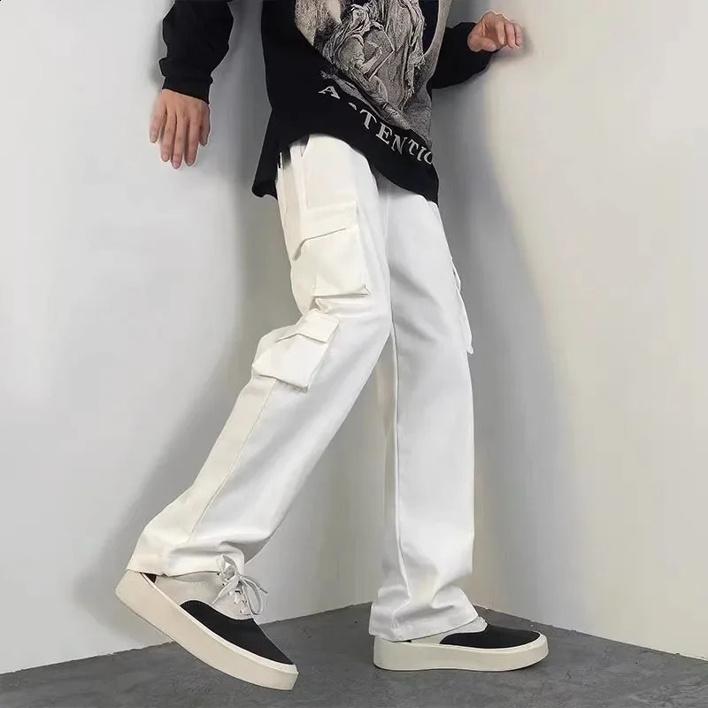 White cotton Japanese style loose fit high street straight leg wide mens casual pants multi pocket cargo 240821