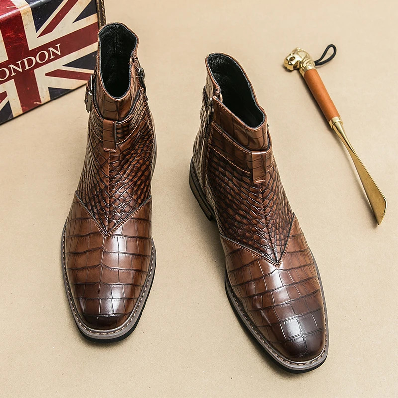 High end banquet formal boots winter ankle boots mens business shoes Pointed mens genuine leather shoes retro brown 240821