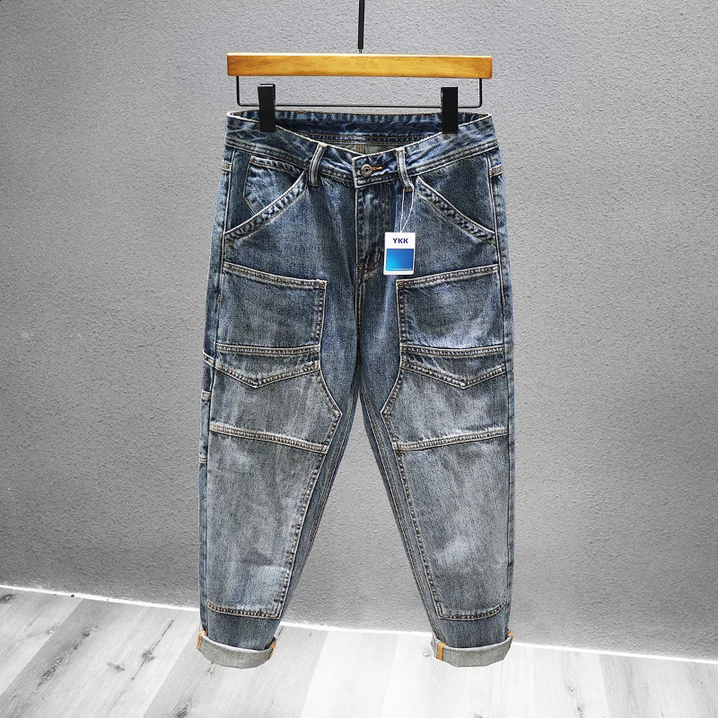 American Vintage Cargo Stitching Jeans Mens Slim Elastic Fashion Washed Dilapidated Y2k Trousers Male Streetwear Denim Pants 240821