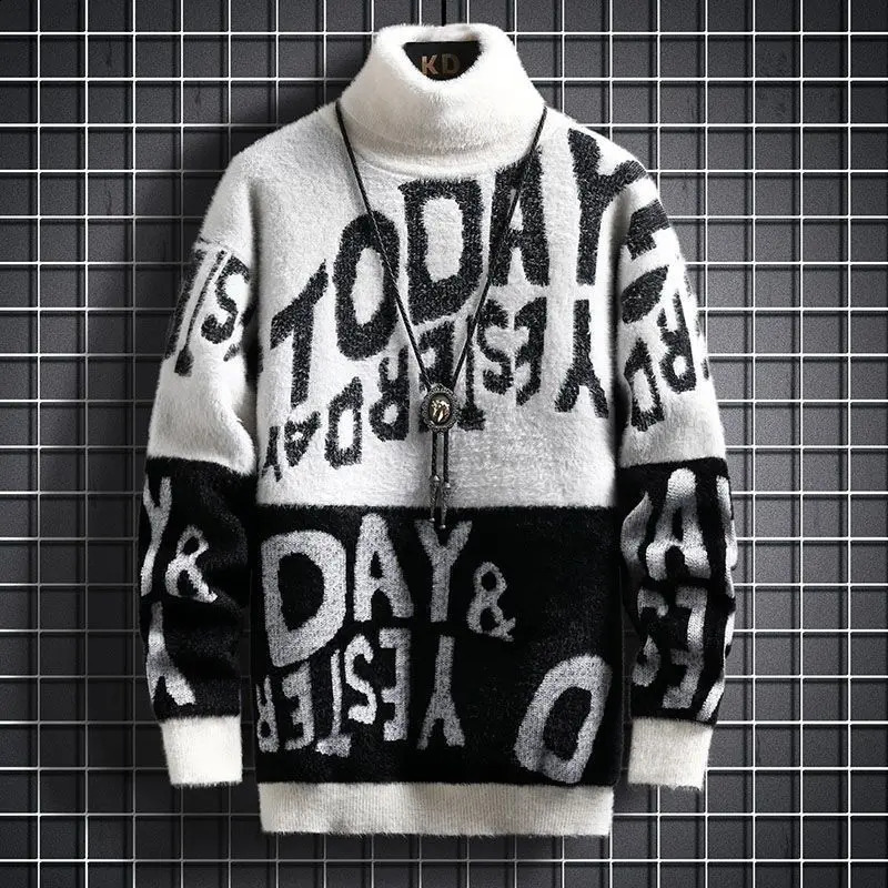 Autumn Winter Youth High Neck Sweater Mens Junior High School Students Letter Printed Long Sleeve Pullover Casual Knitted Tops 240821