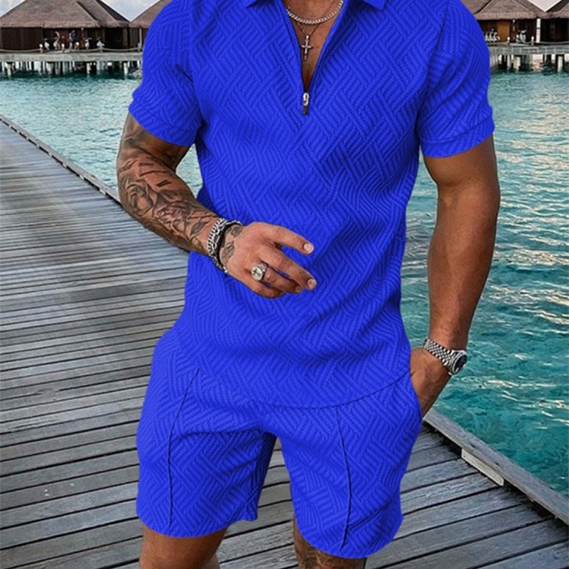 Mens Summer Solid Color Zipper Casual Lapel Short Sleeve Set 3D Retro Polo Shirt Street T-shirt Shorts Sports Two Piece Set 240820