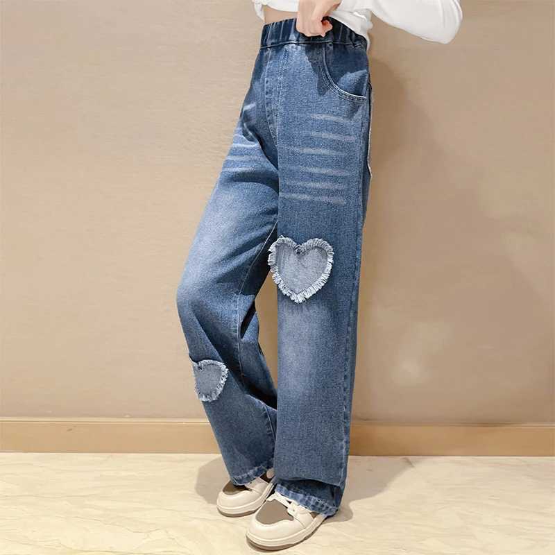 New Fashion Teen Girls Cowboy Wide Leg Pants Children Trousers Spring and Autumn Love Pattern Girls Jeans 5-14 Year Old Childrens ClothingW240819