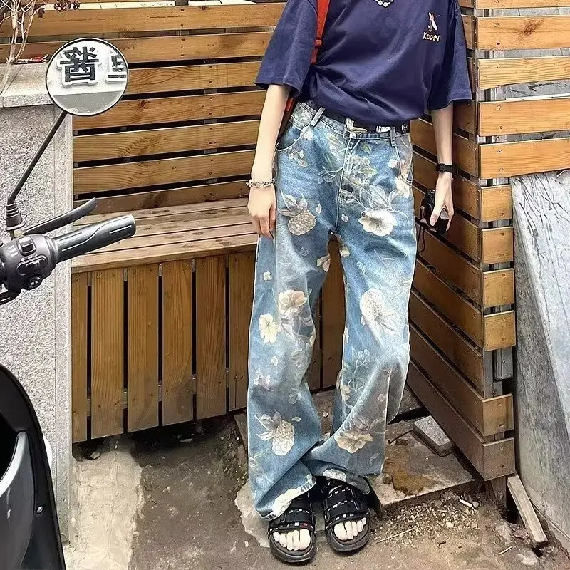 Mens Flower Printed Jeans Y2k Graphic Denim Harajuku Gothic Mid Waist Straight-leg Pants Man Korean fashion Streetwear 240821