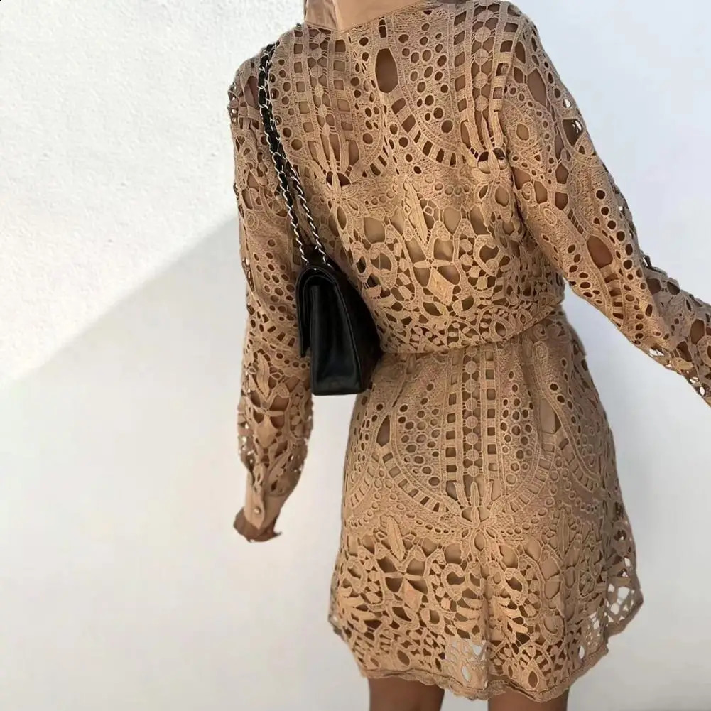 Shirt Dress Elegant Hollow Out Lace Dress Women Spring Turn-down Collar Button Shirt Dress Summer Lace-up Belted Party Dress 240821