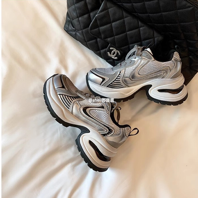 Ddmysports Su Yinyin Zhao Lusi Same Style Cm Breathable Silver Thick Sole Raised Casual Sports Father Shoes Women Genuine Leather For OUTDOOR