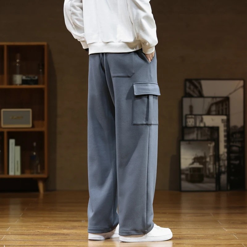 Autumn sports pants cotton mens backpack jogging cargo Korean neutral breathable loose outdoor solid color wide leg Trouser 240821