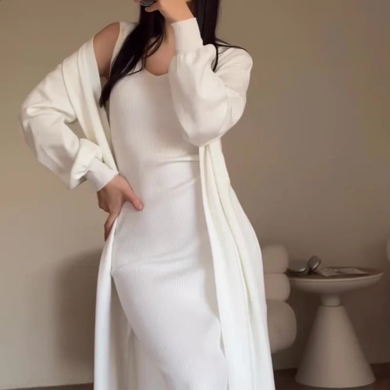 Solid Color Casual Set Womens Spring/Autumn Long Slim Fit Knitted CardiganSleeveless Tank Top Dresses Two-piece Sets 240820