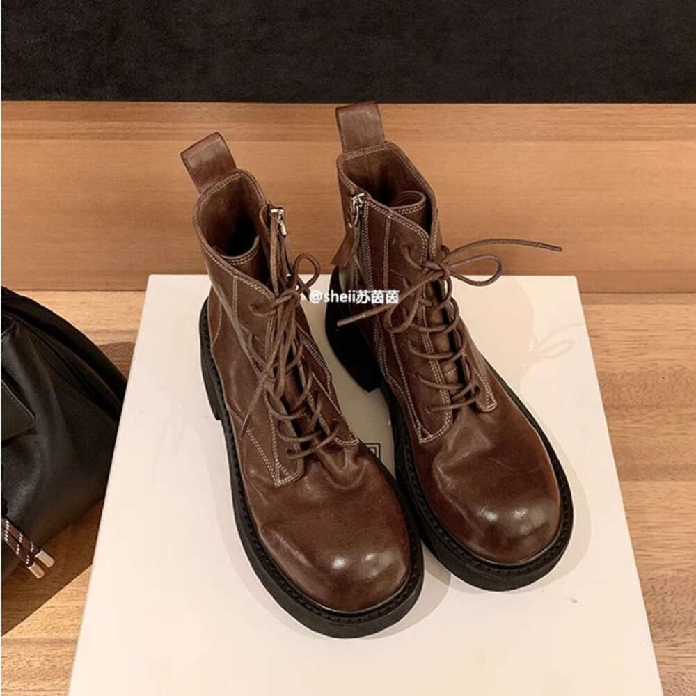 Ddmysports Su Yinyin S Same Style Leg Hot Girl Washed Cowhide Lace Up Thick Heel Motorcycle Outdoor Short For Women Autumn And Winter Martin Boots OUT