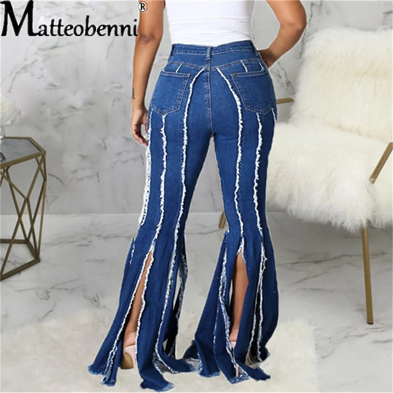 Women Flare High Waist Fringe Hole Denim Skinny Pants Ladies Stretch Female Wide Leg Jeans Bell Bottoms Clothes Z260313