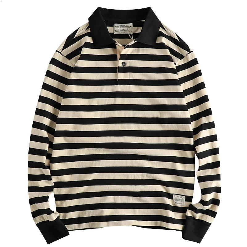 Autumn American Retro 250g Long Sleeve Laepl Sailor Striped Polo Shirt Mens Fashion 100% Cotton Washable Heavy duty Tshirt w240824
