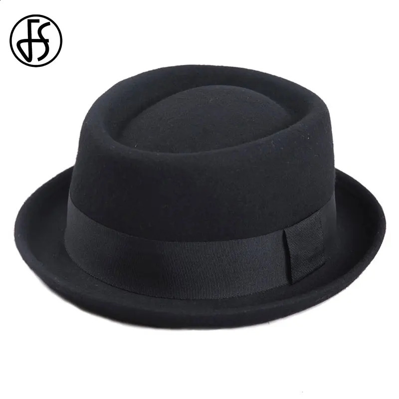 FS Vintage Pork Pie Hat Men Wide Brim Wool Felt Fedora Black Hat Mans Church Jazz Ribbon Trilby Panama Gangsters Caps Gentlemen 240808CJ