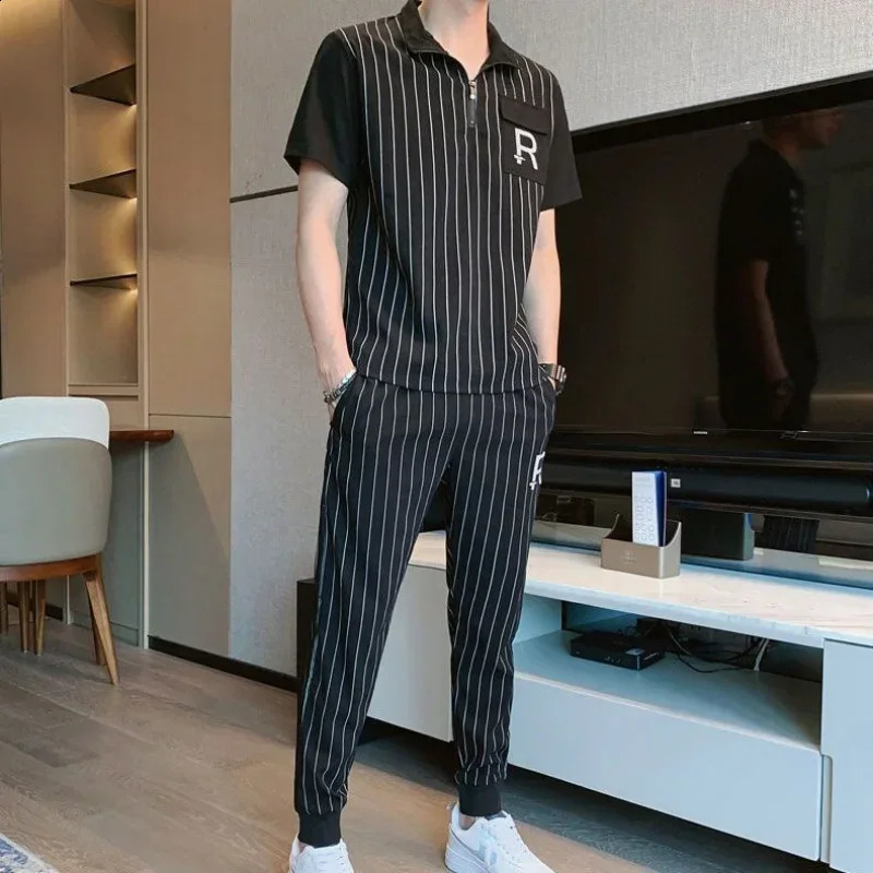 Top Jogging T Shirt Man Jogger Mens Clothing White Pants Sets Striped Tracksuit Smooth Sports Suits Short Quarter Sleeve Casual 240821