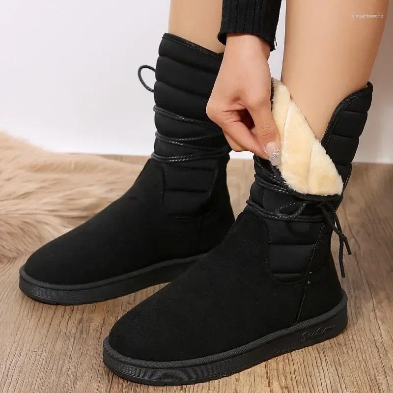Boots 2024Platform Mid-calf Womens Winter Warm Plush Suede Snow Waterproof Designer Flats Lace Up Cotton Shoe